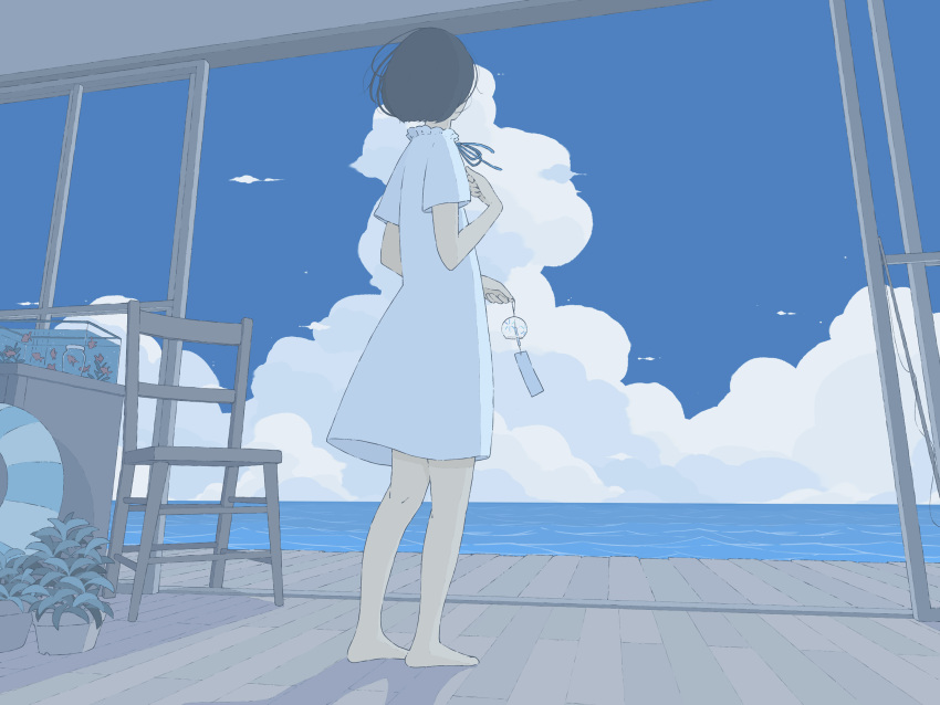 1girl, absurdres, black_hair, blue_sky, bob_cut, chair, clouds, cloudy_sky