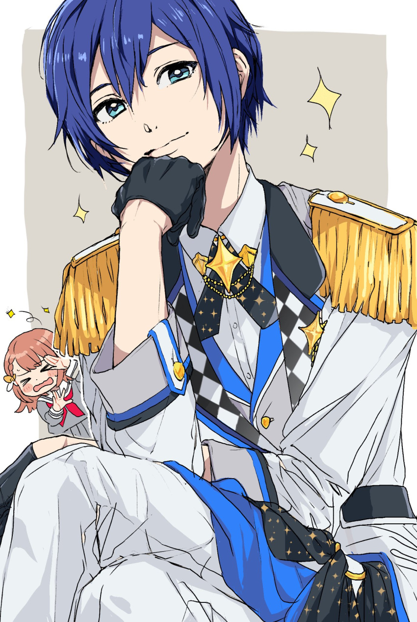 1boy, 1girl, black_gloves, blue_eyes, blue_hair, brown_hair, closed_eyes, closed_mouth