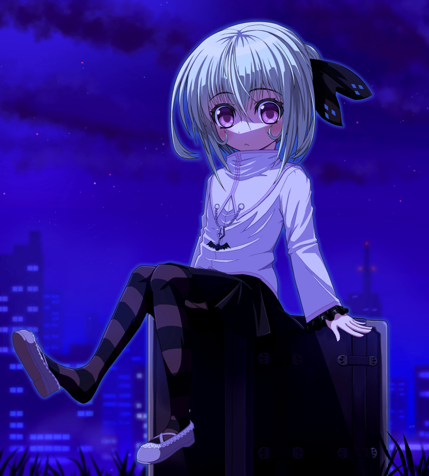 1girl, absurdres, blush, cevi79604876054, cityscape, expressionless, flat_chest, full_body