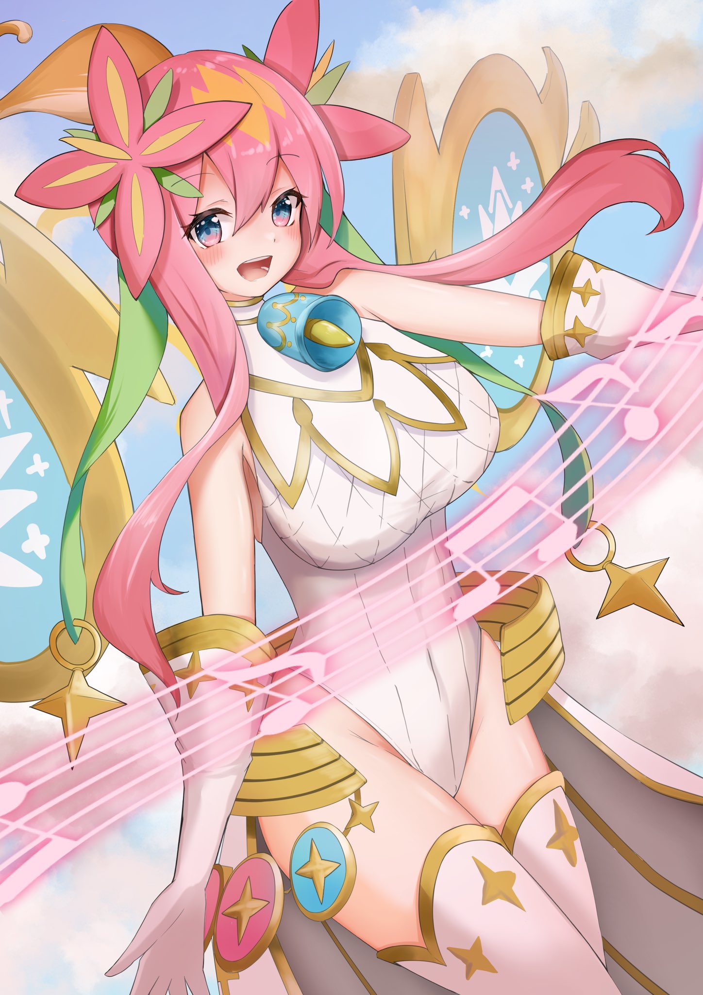 1girl, asaka_dm, bare_shoulders, beamed_eighth_notes, bell, blonde_hair, blue_eyes, blue_sky