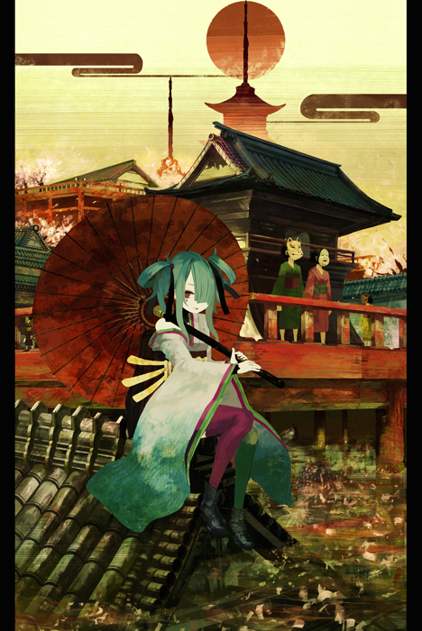 fox, hair_ribbon, japanese_clothes, kimono, kunimura_hakushi, mask, oriental_umbrella, original