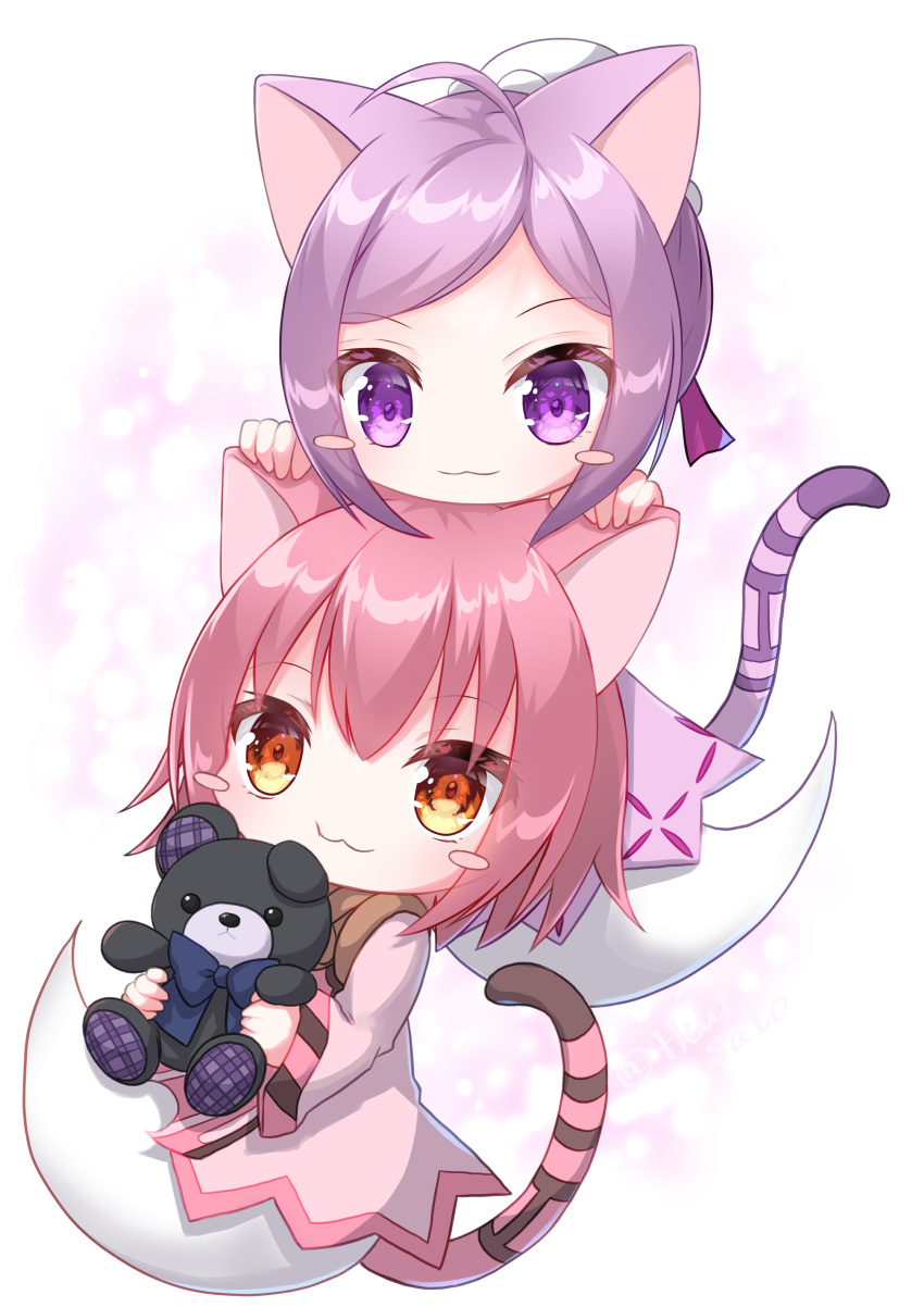 2girls, :3, absurdres, ahoge, blush_stickers, cat, cat_girl, cat_tail