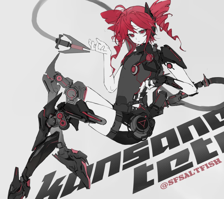 1girl, ahoge, artist_name, character_name, chinese_commentary, closed_mouth, commentary_request, cyborg, drill_hair, expressionless, flat_chest, full_body, grey_background, highres, kasane_teto, long_hair, mechanical_arms, mechanical_legs, mechanical_tail, red_eyes, red_hair, sfsaltfish, simple_background, single_mechanical_arm, solo, tail, twin_drills, twitter_username, utau