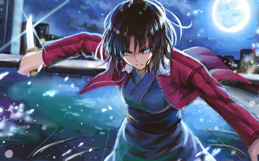 1girl, black_hair, blue_kimono, commentary, egnis, frown, holding, holding_knife