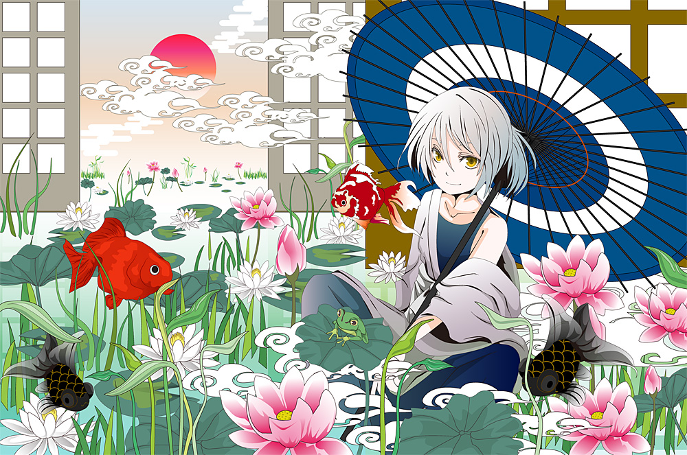 cloud, clouds, fish, flower, frog, goldfish, grey_hair, lotus