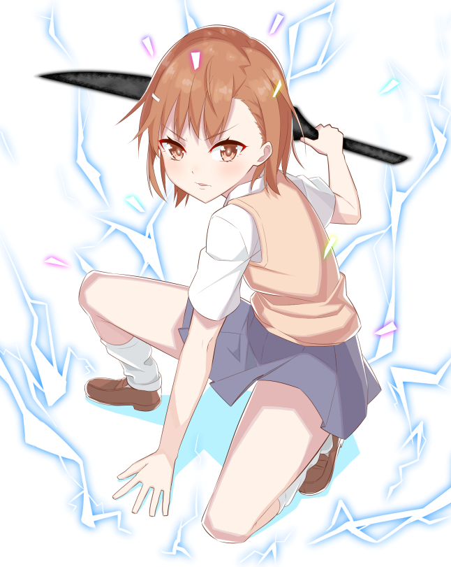 1girl, asymmetrical_bangs, bare_arms, brown_eyes, brown_hair, brown_shoes, brown_sweater, brown_sweater_vest