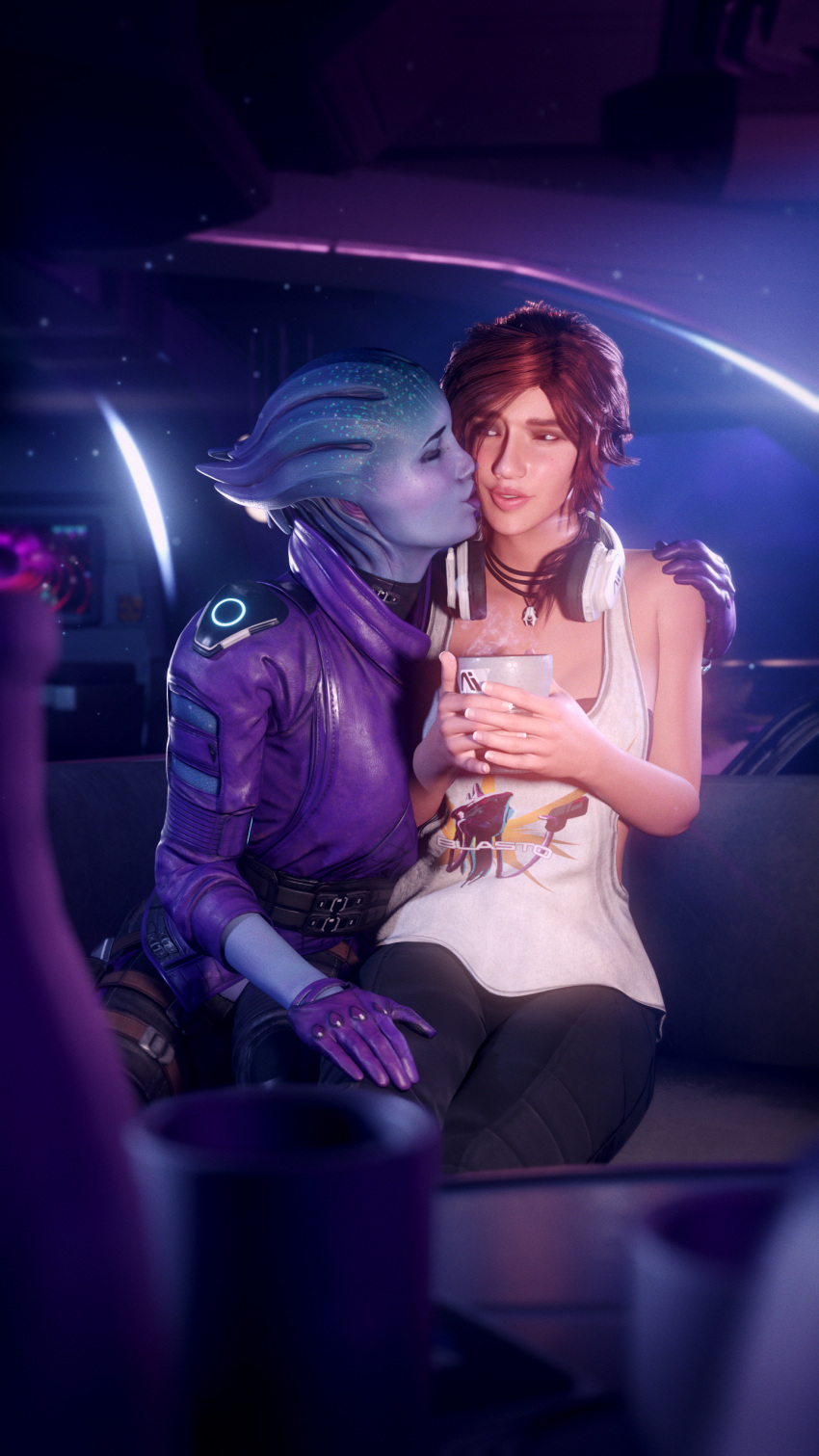 2girls, 3d, absurdres, alien, black_pants, blender_(medium), blue_skin, brown_hair, colonel_yobo, colored_skin, cup, gloves, hand_on_another's_thigh, headphones, headphones_around_neck, highres, holding, holding_cup, jacket, kiss, kissing_cheek, mass_effect:_andromeda, mass_effect_(series), multiple_girls, pants, pelessaria_b'sayle, purple_gloves, purple_jacket, sara_ryder, tank_top, white_tank_top, yuri