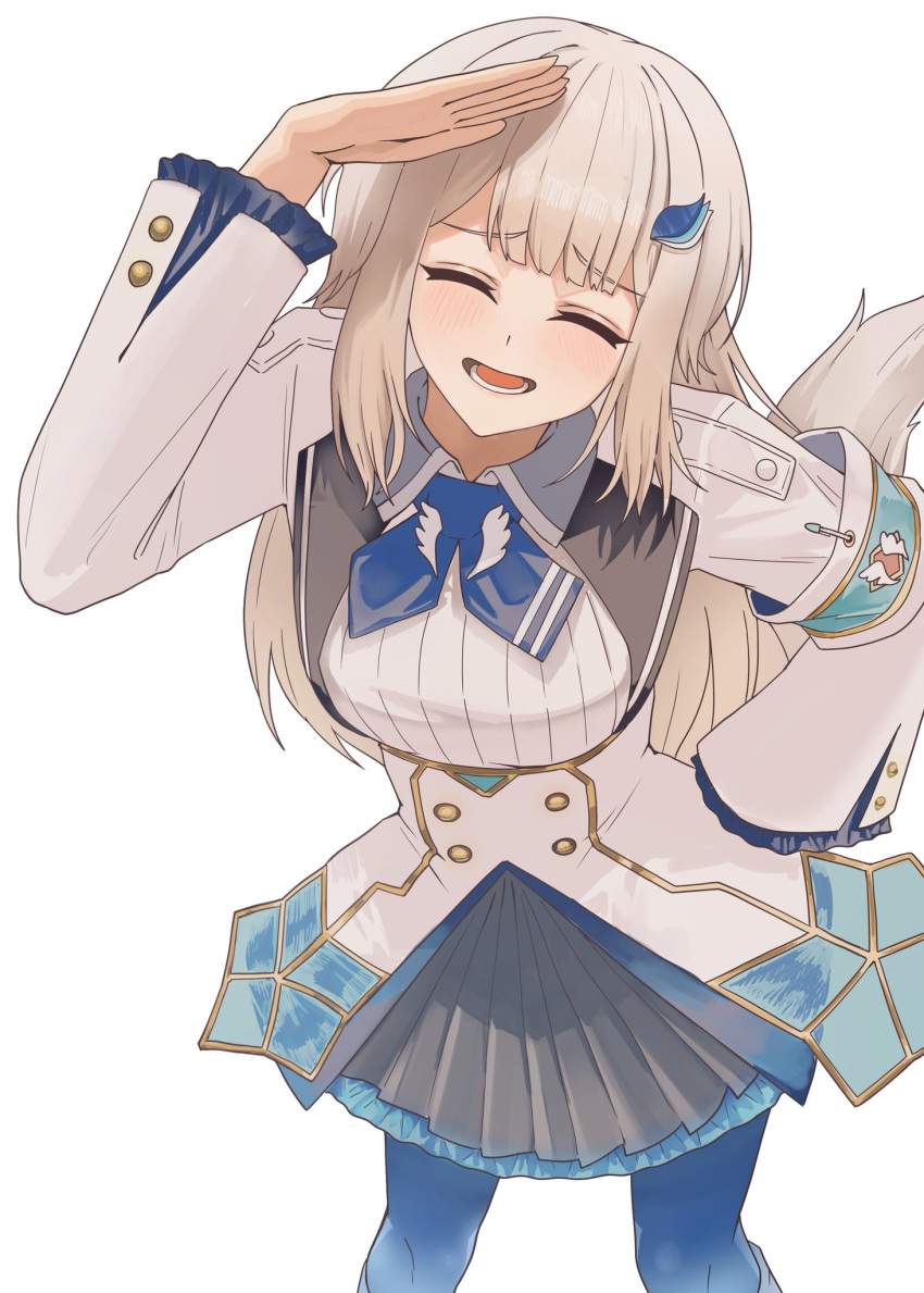 1girl, ^_^, animal_ears, arm_up, armband, blonde_hair, blue_armband, blue_neckerchief