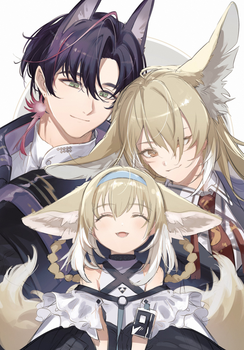 1boy, 2girls, absurdres, akekaede824, animal_ears, arknights, blonde_hair, closed_eyes