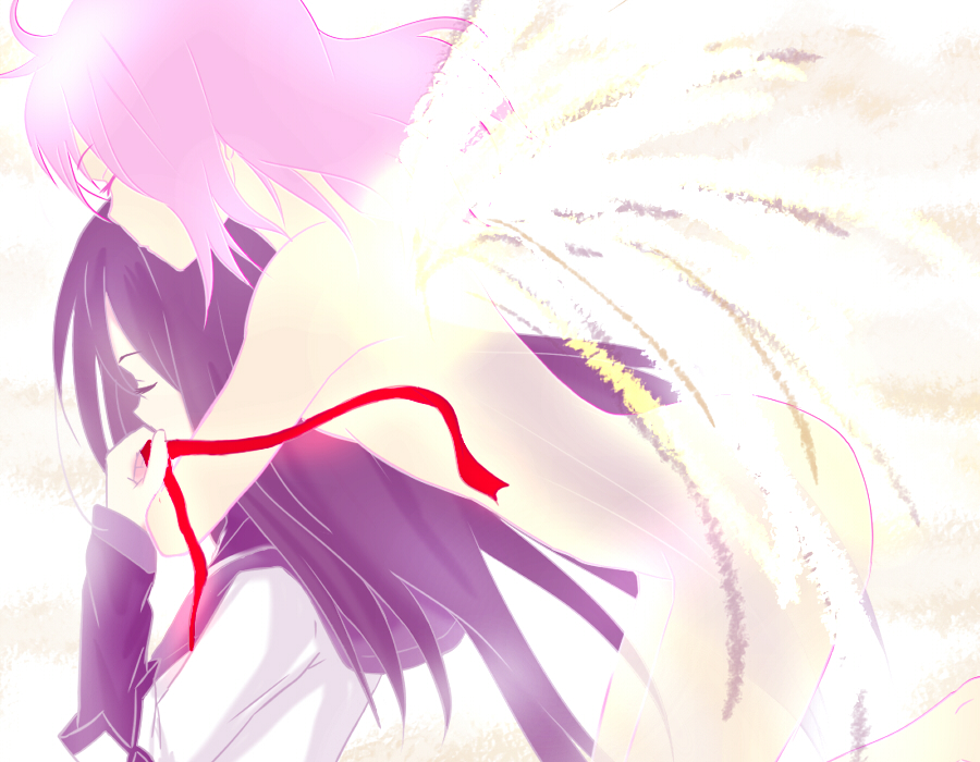 akemi_homura, black_hair, closed_eyes, eyes_closed, hair_ribbon, hug, hug_from_behind, kaname_madoka