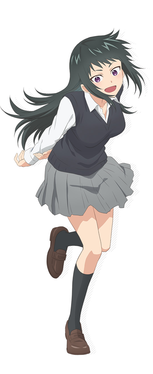 1girl, :d, anime_coloring, arms_behind_back, bent_over, black_socks, blush, breasts