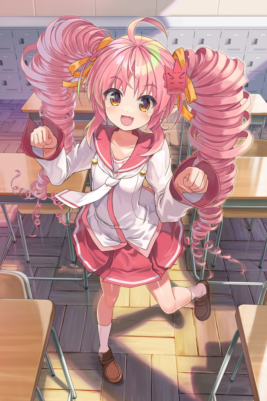1girl, :d, ahoge, bow, brown_shoes, classroom, drill_hair, fang
