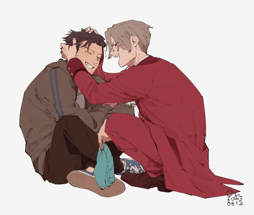 2boys, ace_attorney, apollo_justice:_ace_attorney, beanie, black_hair, blue_hat, brown_hair, brown_jacket