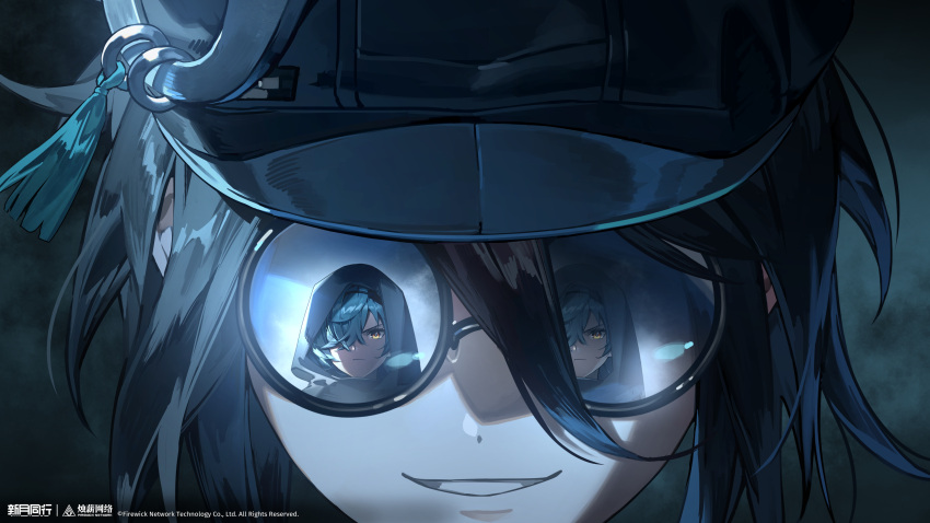 2girls, absurdres, black_hair, black_hat, blue_hair, cihui_(xinyue_tongxing), copyright_name, copyright_notice