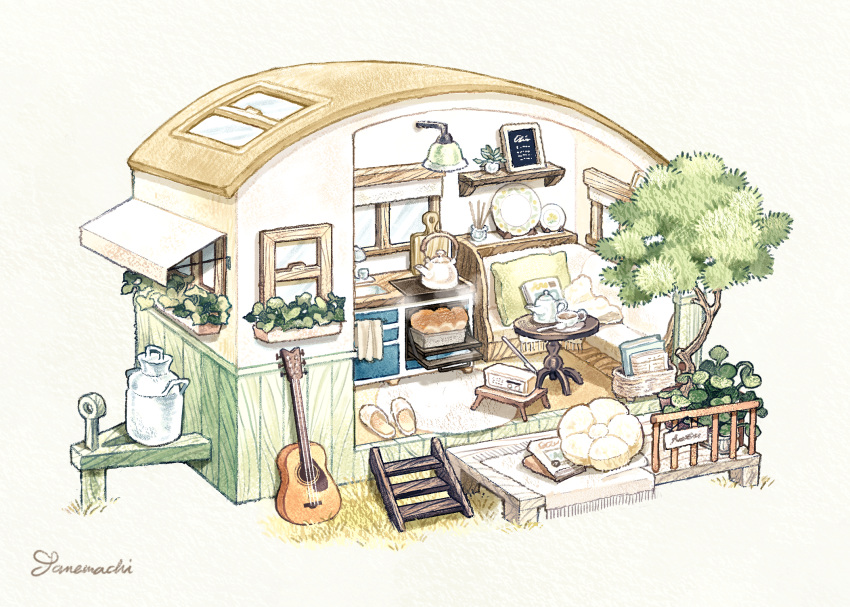 baking, book, box, camper_trailer, camping_chair, chair, commentary, folding_chair, guitar, highres, instrument, kettle, kitchen, kitchen_towel, ledge, miniature, original, photo-referenced, plant, porch, potted_plant, recreational_vehicle, reed_diffuser, scenery, shelf, slippers, somemachi, stove, teapot, trailer, tree