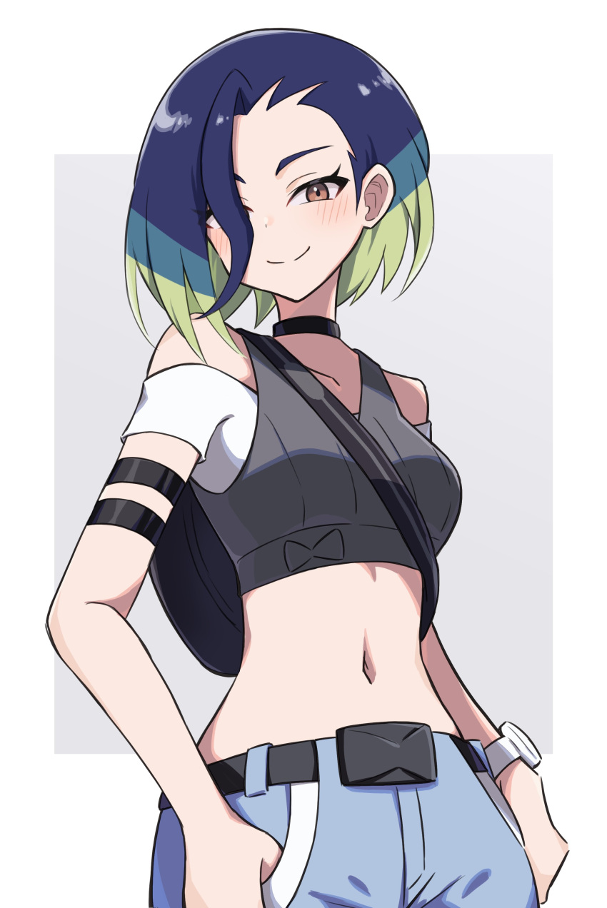 1girl, absurdres, bare_shoulders, blue_hair, blue_pants, blush, bob_cut, brown_eyes