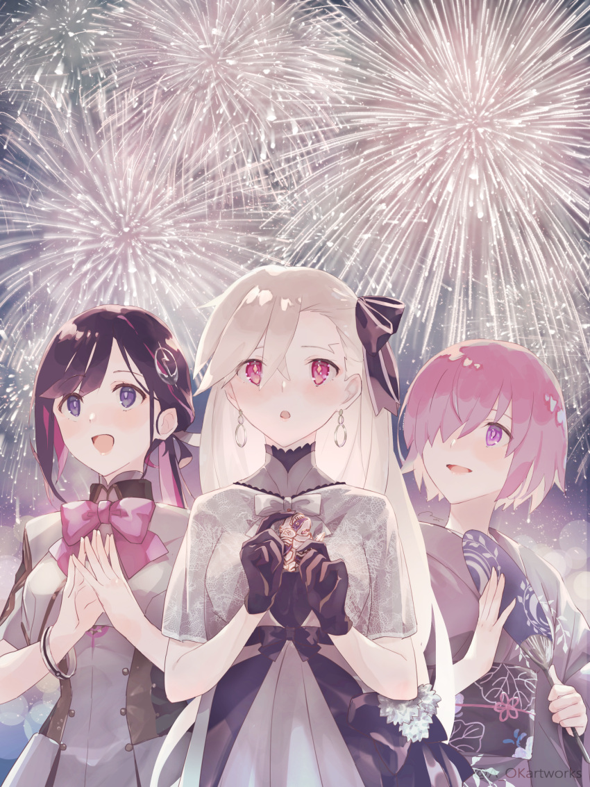 3girls, aopix_001, asymmetrical_bangs, black_dress, black_gloves, black_hair, blush, bow