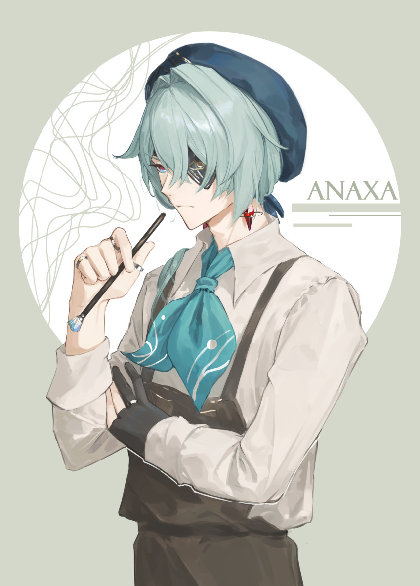 1boy, absurdres, anaxa_(honkai:_star_rail), anaxa_(ingenuity)_(honkai:_star_rail), apron, aqua_hair, black_gloves, blue_hat
