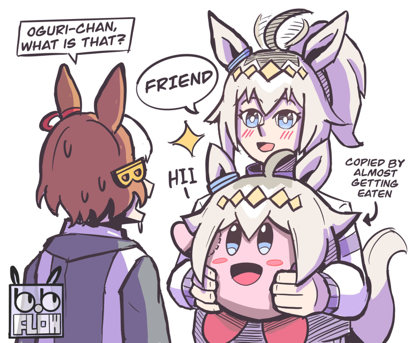 2girls, ahoge, animal_ears, belno_light_(umamusume), blue_eyes, blush, blush_stickers, bob_flow
