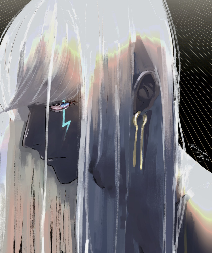 1boy, alternate_hair_length, alternate_hairstyle, annzu_127, blue_eyes, colored_sclera, colored_skin, dark-skinned_male, dark_skin, earrings, fate/grand_order, fate_(series), grey_sclera, grey_skin, highres, indra_(fate), jewelry, lightning_bolt_facial_mark, long_hair, looking_at_viewer, male_focus, portrait, profile, solo, white_hair