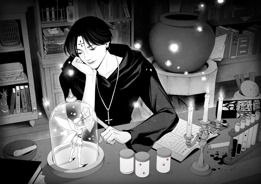2boys, 63roku63, alternate_universe, black_hair, black_robe, chrollo_lucilfer, closed_mouth, crossdressing, crossdressing_(mtf), facial_mark, fairy, fantasy, forehead_mark, greyscale, highres, hunter_x_hunter, kurapika, lips, male_focus, mini_person, miniboy, monochrome, multiple_boys, robe, short_hair, trap, upper_body