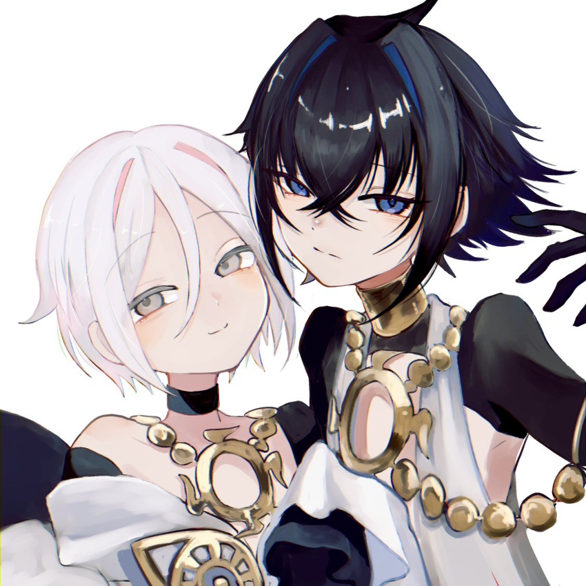 2boys, androgynous, black_hair, black_shrug, blue_eyes, blue_hair, choker, dove_(fate), fate/grand_order, fate_(series), grey_eyes, hair_intakes, highres, jewelry, looking_at_viewer, male_focus, masteryakiniku, multicolored_hair, multiple_boys, necklace, pink_hair, raven_(fate), short_hair, shrug_(clothing), simple_background, smile, trap, two-tone_hair, upper_body, white_background, white_hair