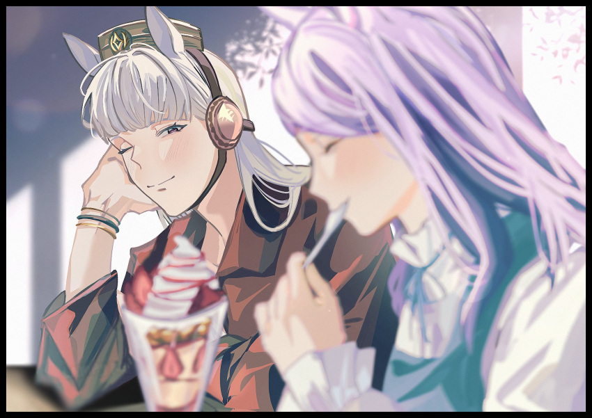 2girls, alternate_costume, animal_ears, blue_dress, blunt_bangs, blush, closed_eyes, closed_mouth, dress, food, gold_ship_(umamusume), grey_hair, hat, highres, holding, holding_spoon, horse_ears, horse_girl, jacket, lampy_uikoko, long_hair, long_sleeves, looking_at_another, mejiro_mcqueen_(umamusume), multiple_girls, open_clothes, open_jacket, parfait, pillbox_hat, purple_hair, red_jacket, shirt, smile, spoon, strawberry_parfait, umamusume, utensil_in_mouth, violet_eyes, white_dress