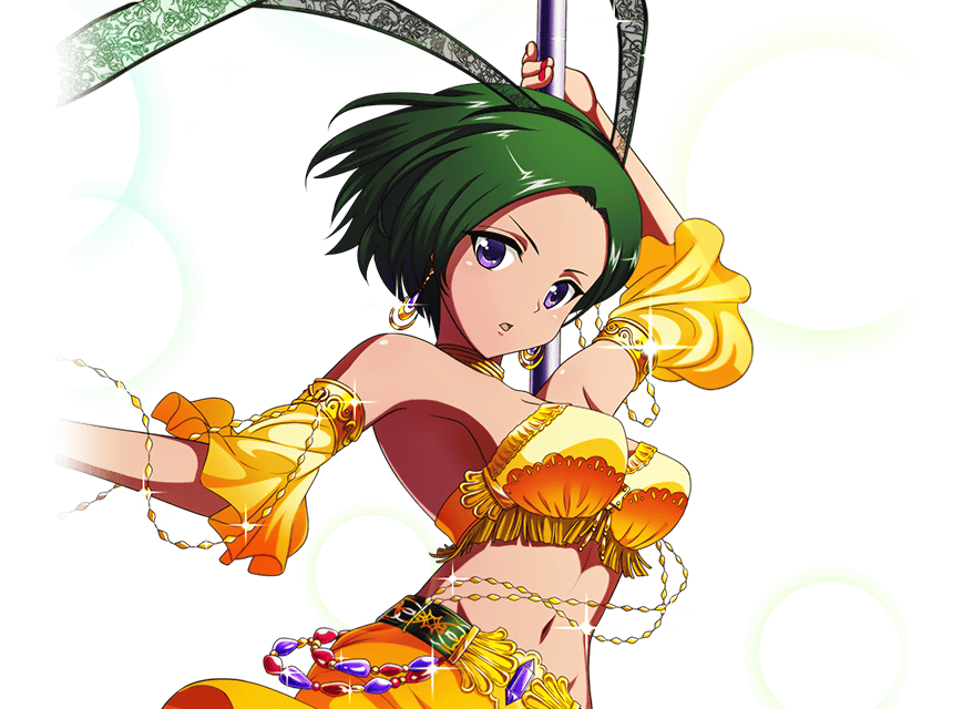 1girl, arabian_clothes, bare_shoulders, breasts, chain, dancer, dark_skin, detached_sleeves