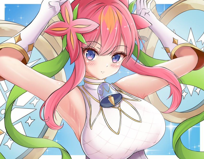 1girl, armpits, arms_up, bare_shoulders, bell, blue_eyes, border, breasts