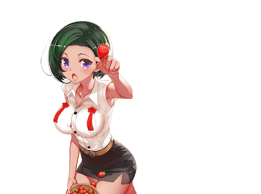 1girl, :o, black_skirt, breasts, button_gap, cowboy_shot, dark_skin, food