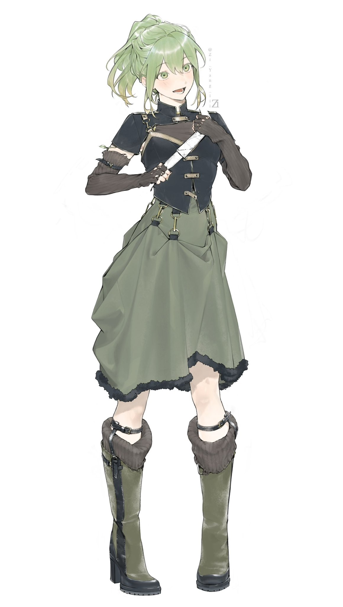 1girl, arm_belt, artist_name, belt, belt_buckle, black_arm_warmers, black_belt, black_shirt, boots, buckle, cheng_(zi74438982), dagger, frilled_skirt, frills, full_body, fur-trimmed_boots, fur_trim, gold_buckle, green_boots, green_eyes, green_hair, green_skirt, hair_between_eyes, happy, high-waist_skirt, highres, holding, holding_dagger, holding_knife, holding_weapon, knee_boots, knees, knife, layered_shirt, leg_belt, light_blush, looking_ahead, lower_teeth_only, medium_skirt, multiple_belts, open_mouth, original, ponytail, sheath, sheathed, shirt, short_hair, short_sleeves, sidelocks, simple_background, skirt, smile, solo, standing, teeth, weapon, white_background