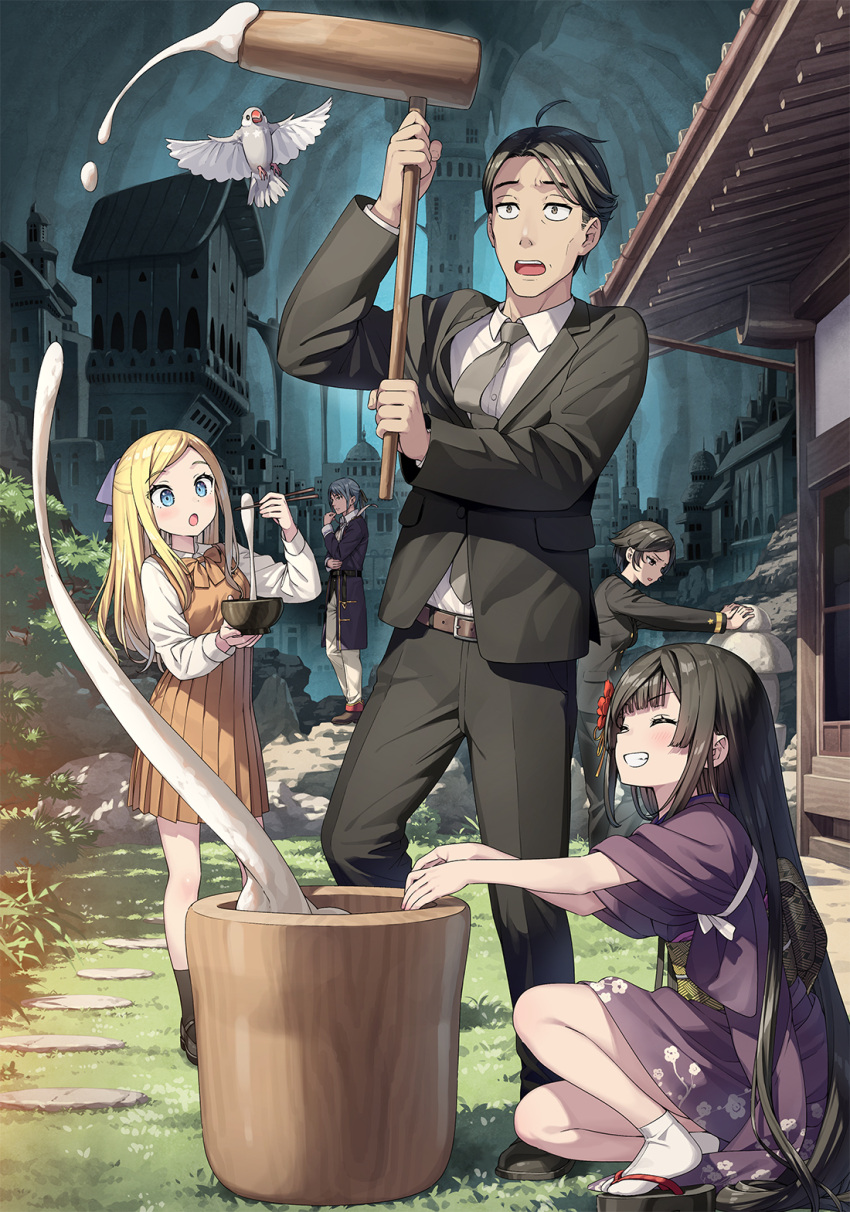 2boys, 3girls, :o, ^_^, ahoge, belt, bird, black_eyes