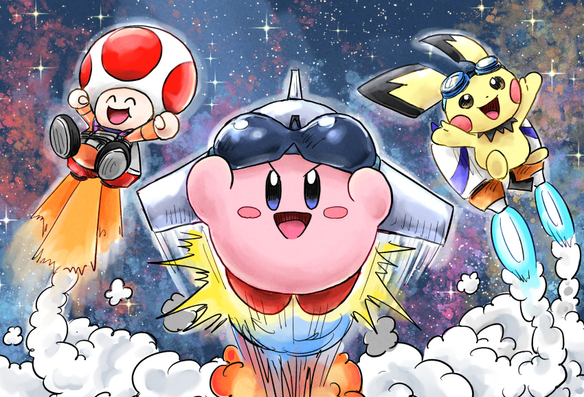 commission, fire, goggles, happy, highres, jet_kirby, jetpack, kicdon