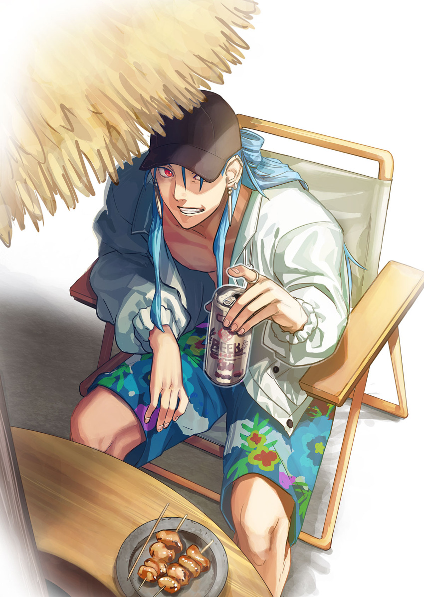 1boy, blue_hair, blue_swim_trunks, can, chair, cu_chulainn_(caster)_(fate), cu_chulainn_(fate), cu_chulainn_(tropical_rune_summer)_(fate)