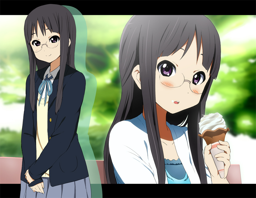 black_hair, blazer, blush, extra, food, glasses, hatasuke, ice_cream