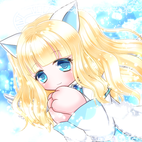 animal_ears, animal_hands, blonde_hair, blue_dress, blue_eyes, cat_ears, cat_girl, ciel0420
