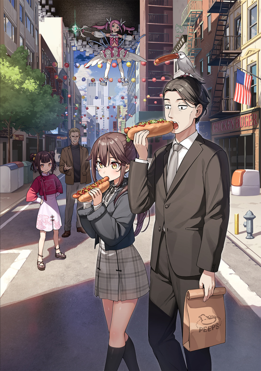 2boys, 2girls, bag, bird, black_hair, black_pants, black_shirt, black_shoes
