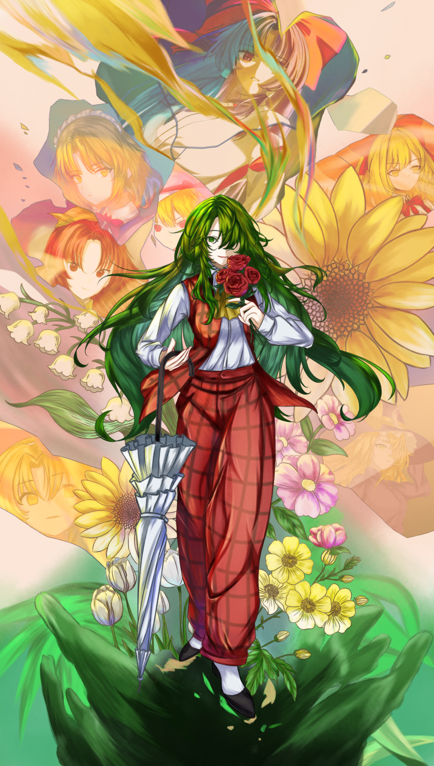 6+girls, absurdres, ascot, black_shoes, blonde_hair, bow, broken_glass, bud