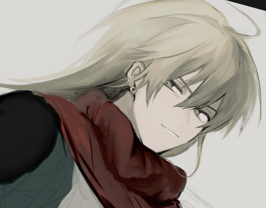 1boy, aqua_tunic, black_sleeves, blonde_hair, cape, commentary_request, dragon_quest, dragon_quest_x, earrings, grand_zenith, grey_background, highres, jewelry, long_hair, looking_to_the_side, male_focus, red_cape, sato_sio_(si00x), sketch, solo, stud_earrings, tunic, upper_body, yellow_eyes