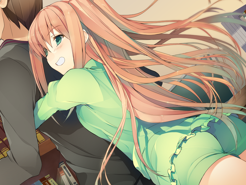 ass, game_cg, green_eyes, grin, hug, hug_from_behind, koi_to_senkyo_to_chocolate, long_hair