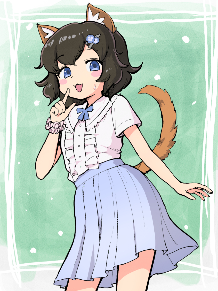 1girl, :d, aged_down, animal_ears, black_hair, blue_eyes, blue_skirt, blush_stickers, bottle_neko, brown_tail, cat_ears, cat_tail, commentary_request, contrapposto, cowboy_shot, dot_nose, flower_hairpin, frilled_shirt, frills, medium_hair, open_mouth, original, scrunchie, shirt, shirt_tucked_in, short_sleeves, skirt, smile, solo, sweatdrop, tail, white_shirt, wrist_scrunchie