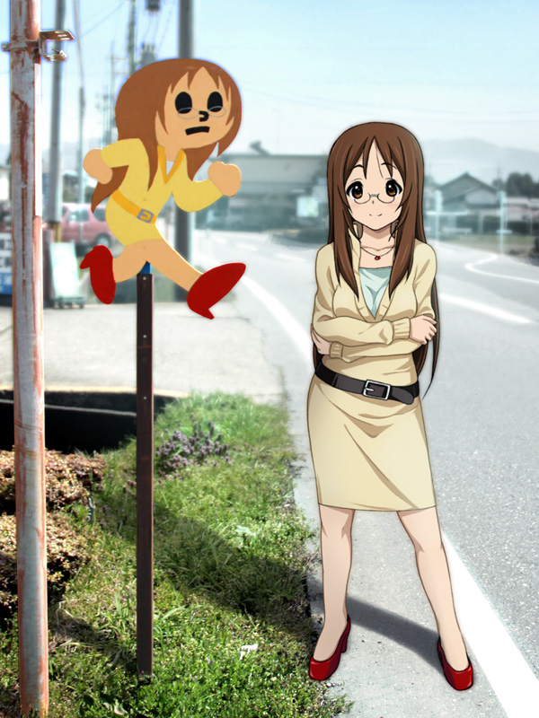 brown_hair, crossed_arms, glasses, k-on!, long_hair, no_legwear, photo_background, ryunnu, tobidashi-bouya, yamanaka_sawako