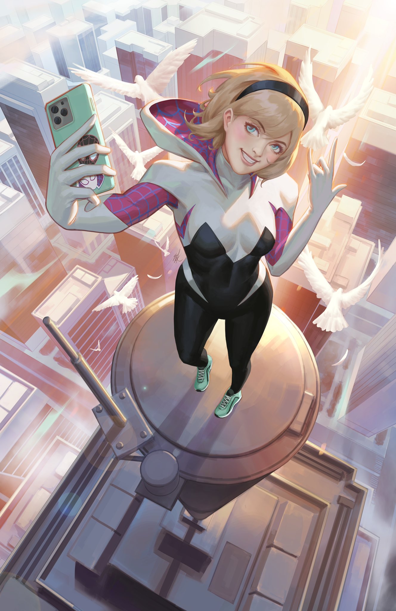 1girl, bird, black_bodysuit, black_hairband, blonde_hair, blue_eyes, bodysuit, breasts