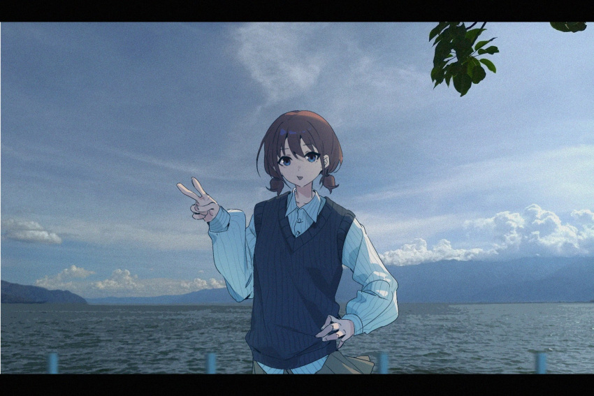1girl, black_sweater_vest, blue_eyes, brown_hair, clouds, cloudy_sky, collared_shirt, commentary_request