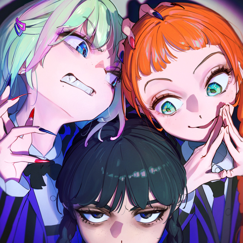 3girls, absurdres, addams_family, agnes_demille, angry, bags_under_eyes, black_eyes, black_hair