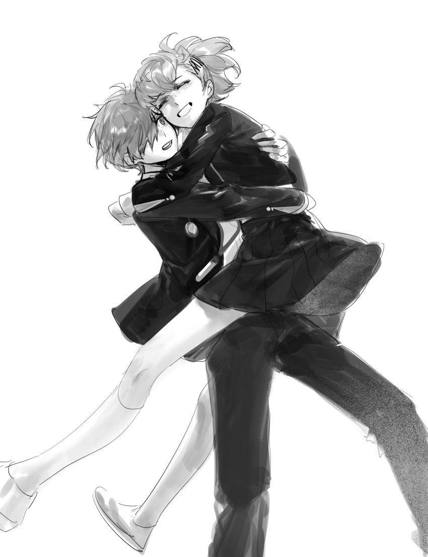1boy, 1girl, black_jacket, black_pants, black_skirt, carrying, carrying_person, closed_eyes, couple, digital_media_player, gekkoukan_high_school_uniform, greyscale, hair_ornament, hairclip, hairpin, headphones, highres, holding, hug, jacket, long_sleeves, looking_at_another, monochrome, one_eye_covered, pants, persona, persona_3, persona_3_portable, rrrrrrrrrrrou1, school_uniform, shiomi_kotone, shirt, simple_background, skirt, smile, socks, standing, white_background, white_shirt, white_socks, yuuki_makoto_(persona_3)
