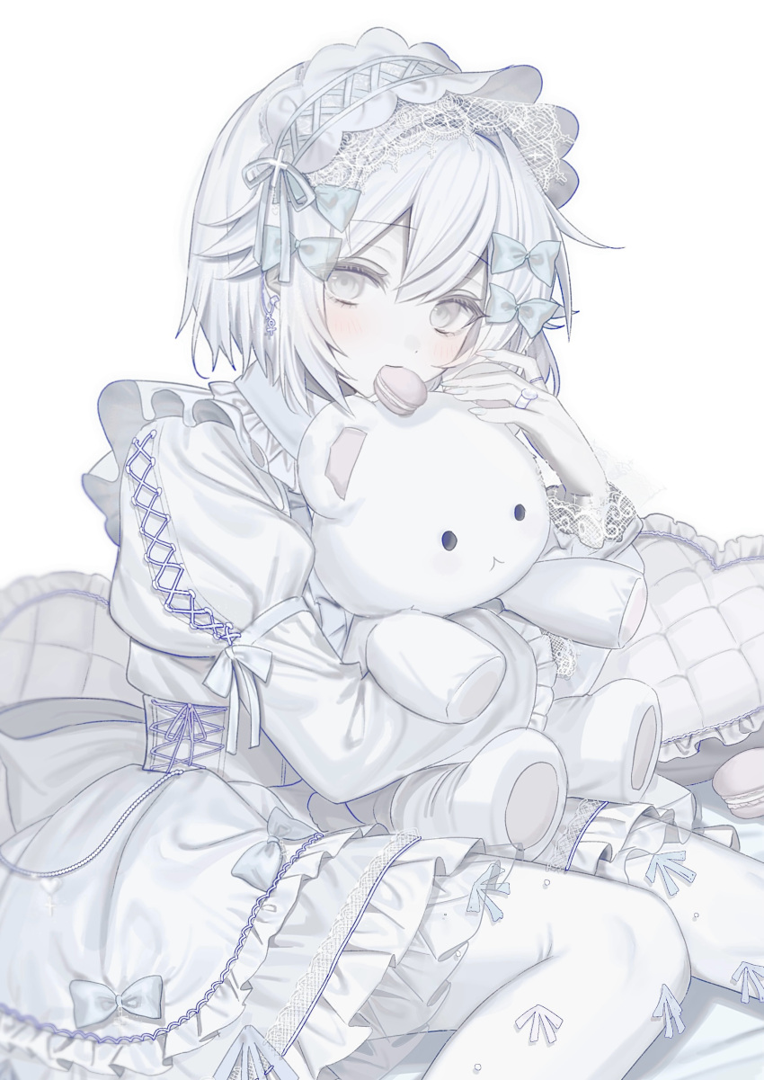 1girl, absurdres, bow, colored_skin, cross-laced_clothes, cross-laced_sleeves, dress, dress_bow, eating, food, frilled_dress, frilled_hairband, frilled_sleeves, frills, hair_bow, hair_ribbon, hairband, hand_up, highres, hinomiya_shou, holding, holding_stuffed_toy, hugging_object, jewelry, juliet_sleeves, lace-trimmed_sleeves, lace_hairband, lace_trim, lolita_fashion, lolita_hairband, long_sleeves, looking_at_viewer, macaron, original, pantyhose, pillow, puffy_sleeves, ribbon, ring, short_hair, simple_background, sitting, solo, stuffed_animal, stuffed_toy, teddy_bear, white_background, white_dress, white_eyes, white_hair, white_pantyhose, white_skin, white_theme, wide_sleeves