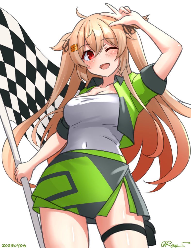 1girl, blush, breasts, brown_eyes, brown_hair, checkered_flag, cropped_jacket, flag