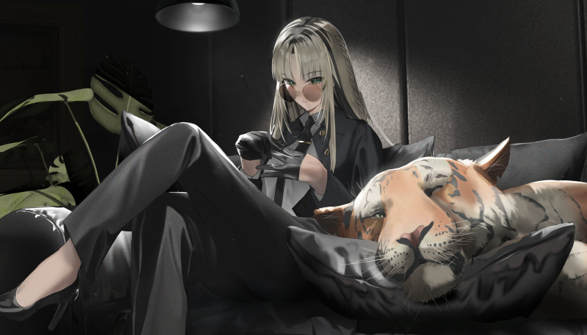 1girl, absurdres, alternate_costume, black_gloves, black_hair, black_jacket, black_necktie, black_pants, black_shoes, black_suit, blonde_hair, blunt_ends, braid, collared_shirt, commentary, couch, crossed_legs, foot_out_of_frame, formal_clothes, gloves, green_eyes, hashtag-only_commentary, high_heels, highres, hololive, hololive_dev_is, indoors, jacket, koganei_niko, looking_at_viewer, looking_over_eyewear, multicolored_hair, necktie, on_couch, open_clothes, open_jacket, pants, parted_hair, parted_lips, plant, potted_plant, raphael_(rglvvv), removing_glove, round_eyewear, shirt, shoes, side_braid, sitting, sleeping, solo, straight_hair, streaked_hair, suit, suit_jacket, sunglasses, tiger, virtual_youtuber, white_shirt