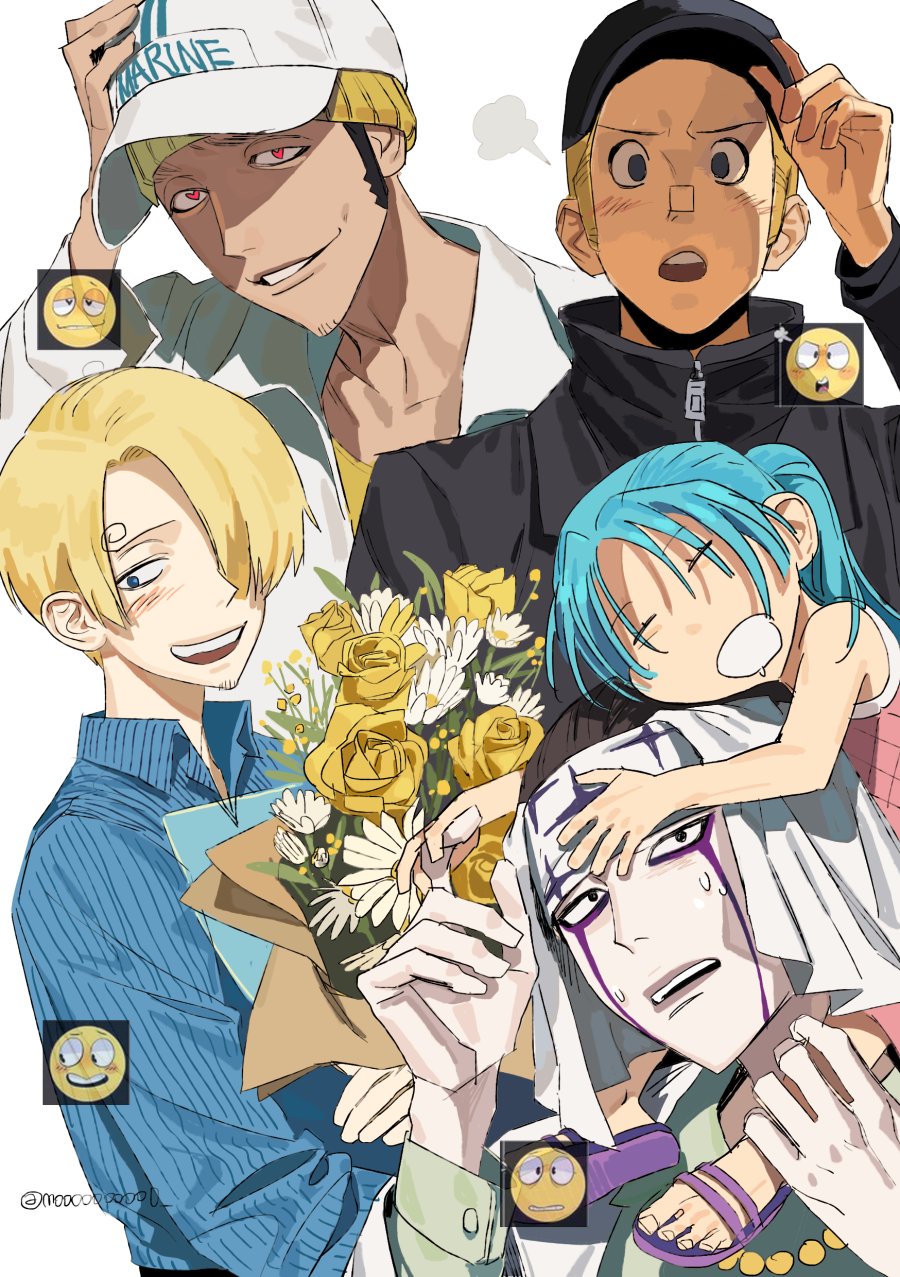 1girl, 4boys, aged_down, black_hat, blonde_hair, blue_eyes, blue_hair, blue_shirt